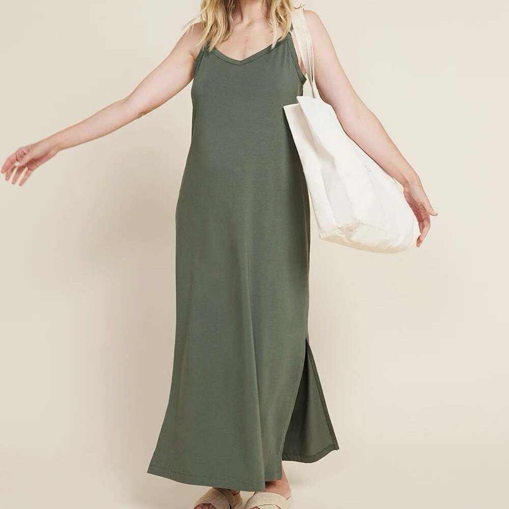 Boody V Neck Maxi Slip Dress Womens M Olive Green Bamboo Organic Cotton Stretch